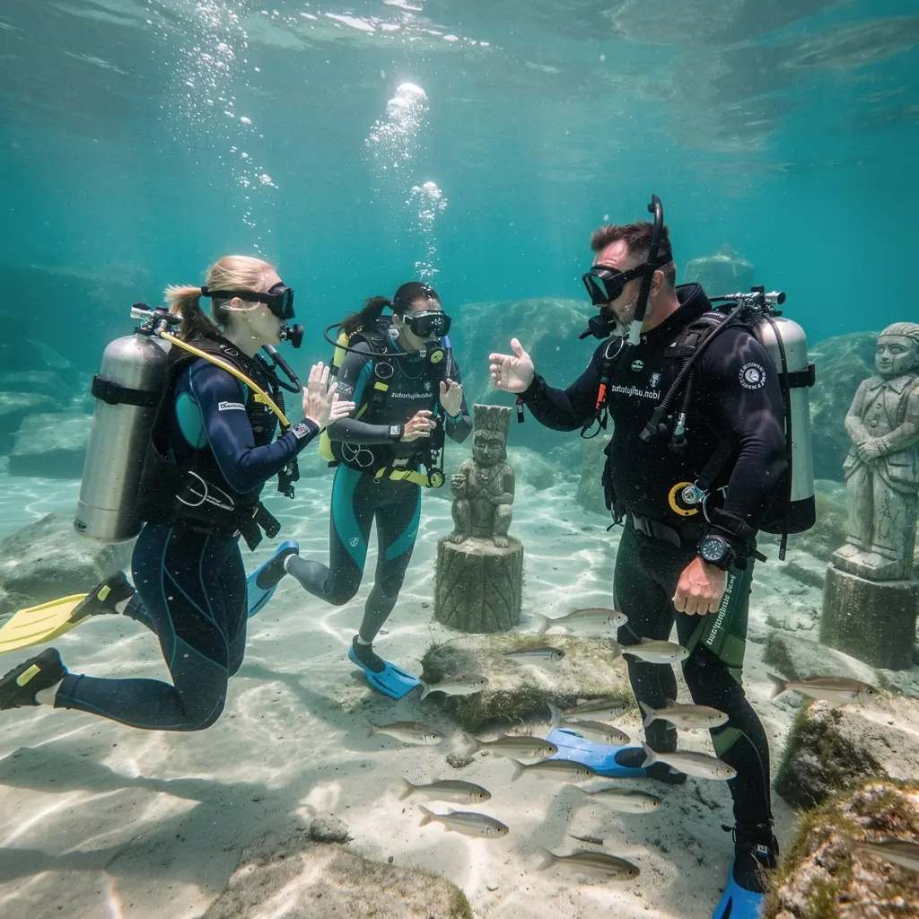 Búvárfelszerelés, beleértve a palackokat és az uszonyokat, a víz szélén.