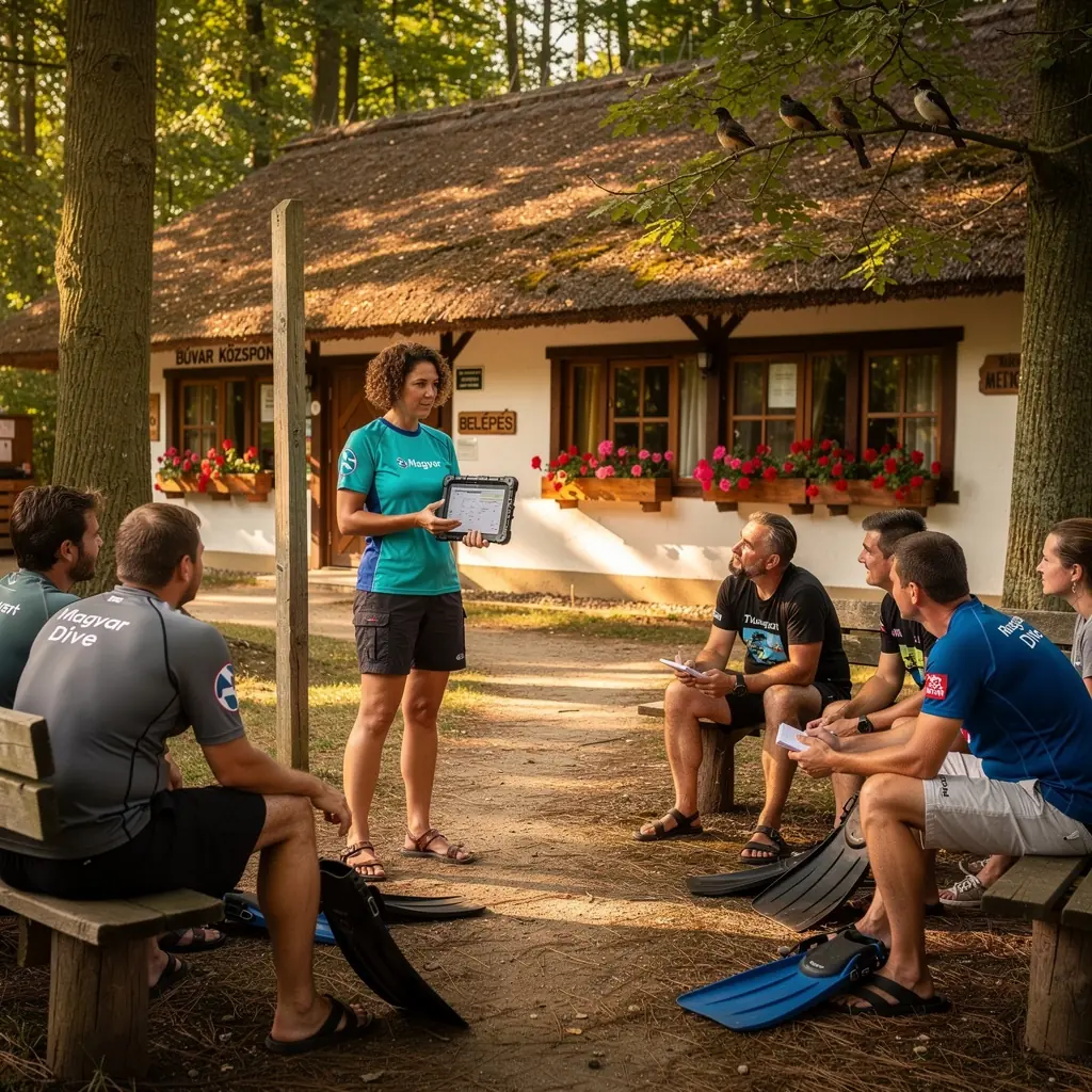 Búvárruhás szakember, aki oktatja a diákokat a víz alatti navigációról.