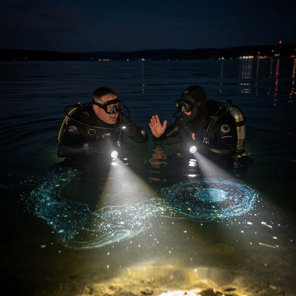 Búvárruhás szakember, aki oktatja a diákokat a víz alatti navigációról.