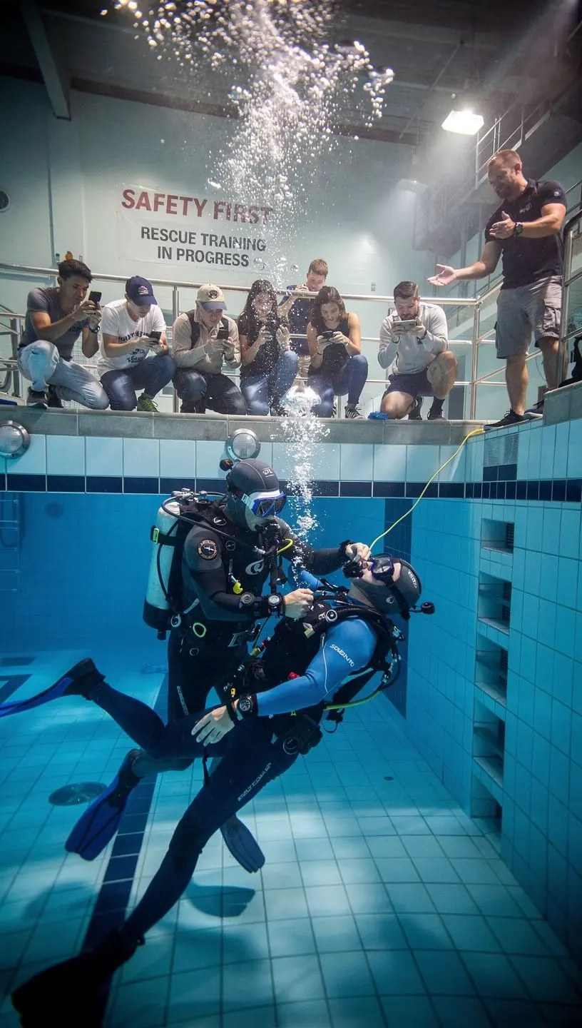 Búvárruhás szakember, aki oktatja a diákokat a víz alatti navigációról.